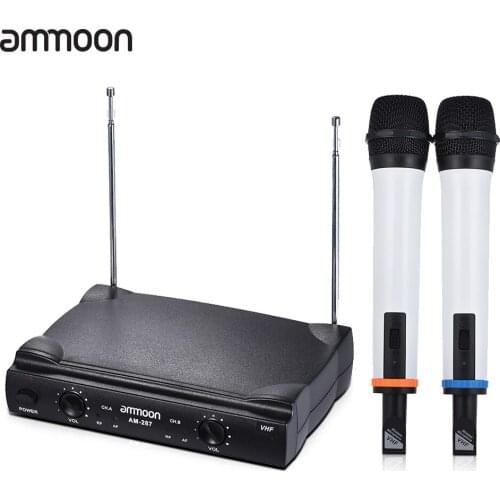 Ammoon Dual Channel VHF Wireless Handheld Microphone System 2 Mics 1 Receiver 6.35mm Audio Cable for Karaoke Family Party