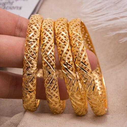 Annayoyo 4Pcs Gold Color Bangles For Women Jewelry Dubai Bangles Ethiopian Bride Wedding Dubai Bracelet Party wedding Gifts