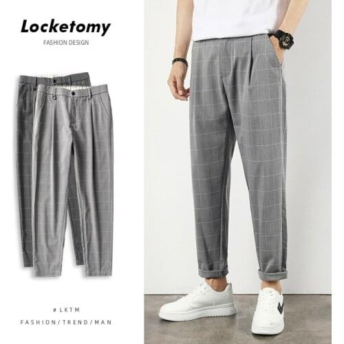 New casual small trousers mens trendy plaid loose fit straight-leg suit trousers pants cargo pants men