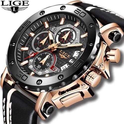 2019LIGE New Fashion Mens Watches Top Brand Luxury Big Dial Military Quartz Watch Leather Waterproof Sport Chronograph Watch Men