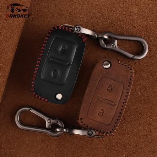 Dandkey 100% Leather Car Key Case Cover 2 Buttons For VW Amarok Polo Golf MK4 MK5 Bora Jetta Skoda Seat Altea Alhambra