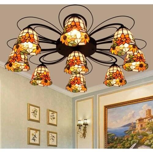 European style color glass sunflower retro living room restaurant bedroom ceiling lamp remote control Ceiling Lights 379head