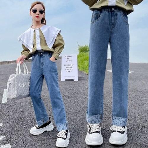 Jeans For Girls Fashion Printed Turnup Korean Casual High Waisted Denim Pants Teen Kids New Autumn Hot Sale Streetwear Trousers