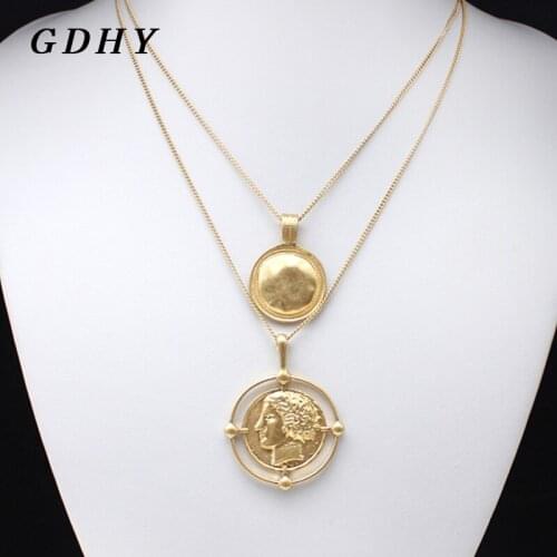 GDHY Punk Multi layer Round Coin Long Chain Necklaces Gold Human Head Coin Pendant Necklace Beach Holiday For Women Jewelry