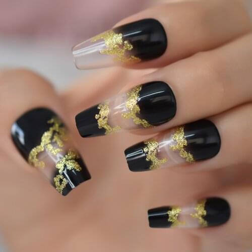 Glossy Gold Glitter Ombre Black Clear French Ballerina Coffin Press on False Nail Gradient Ballet Fake Nails Tips for Women Girl