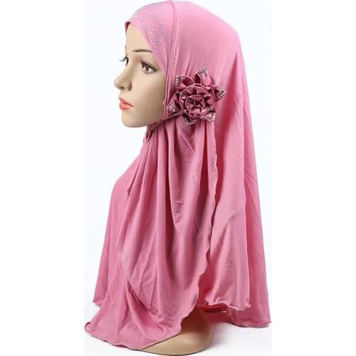 H116 big girls flower hijab hats muslim scarf islamic headscarf hat amira pull on headwrap beautiful 10 years girl scarf