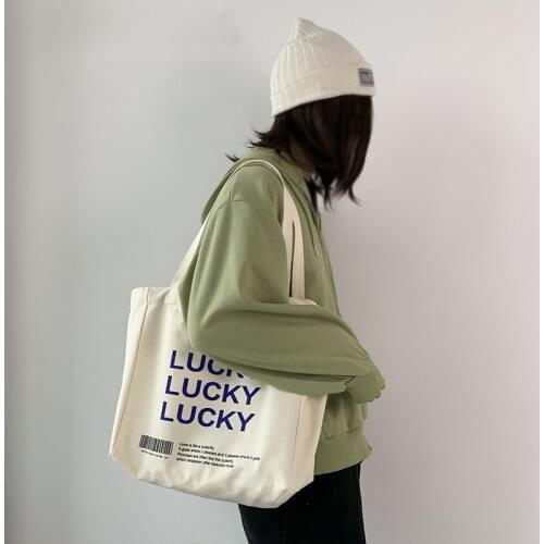Lucky letters Womens Canvas Tote Bags Korean Students Shoulder Cotton Cloth Shopping Bag Foldable Shopper Bag Handbag for Girls