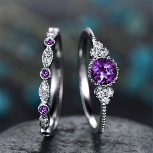 2pcs Women Purple Slightly Jewelled Ring Silver Color Luxury Romance Fashion Finger Purple Jewel Finger Rings Girls Number 6/7