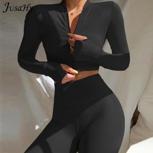 JusaHy Solid Sportywear 2 Piece Yoga Set Women Zipper Skinny Crop Top Leggings Casual Outfit Fitness Workout Gym Clothing Female