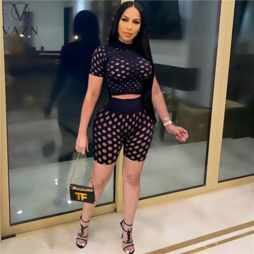 VAZN 2021 Sexy Club Birthday Outfits Crop Top Suit Short Sleeve Hole Out Summer Fashion Special Holiday O-neck Two Piece Set