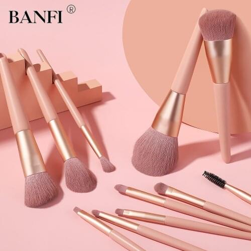 BANFI 11pcs Pink Makeup Brushes Set Natural Hair Brushes Professional Foundation Blushes Eyeshadow Eyebrow Blending Brush Tools