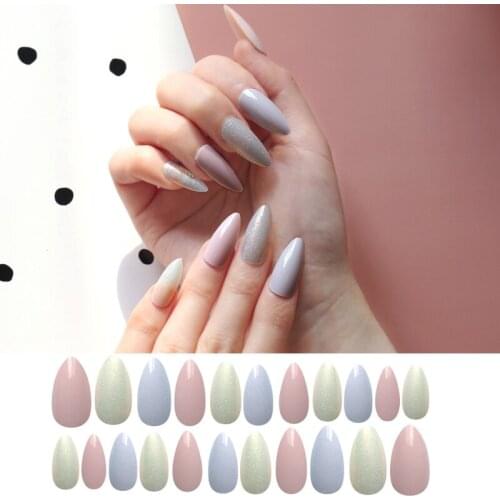 Fake Nails with Designs Gray and Pink 24Pcs/set Full Cover Artificial False Nails Stiletto Sharp End Glitter 2020 New
