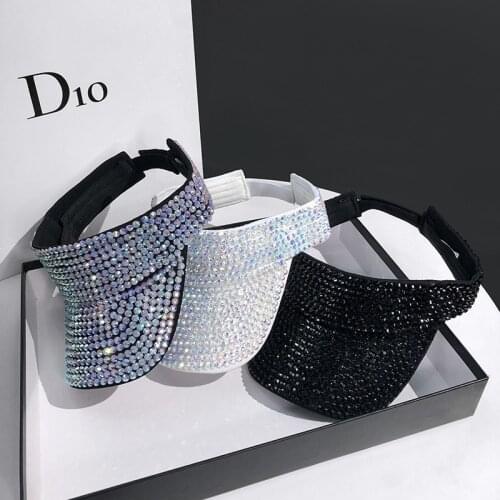 New Full Rhinestones Sun Hat Travel Beach Visor Bling Lady Cap Black White Fashion Vacation Outfit Crystal Diamonds Woman Men