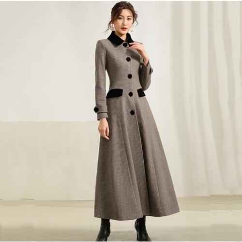 New Women Long Wool Coat Autumn Winter 2021 Fashion Elegant Thicken Houndstooth Slim Long Woolen Coat Outerwear Female