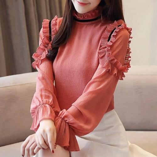 Outono de 2019 Chiffon Mulheres Casual Tops Manga Comprida Alargamento Da Luva Ruffles Mulheres Blusas Mulheres Moda