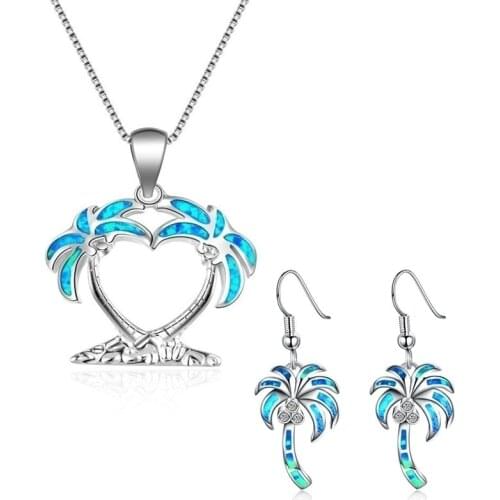 Cute Jewelry Set Coconut Tree Style Blue Imitation Fire Opal Pendant Necklace With Earrings For Women Accessories Statement Gift