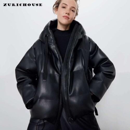 ZURICHOUSE Winter PU Leather Parka Coat Women Hooded Warm Loose Fashion High Quality Faux Leather Cotton-padded Jacket Female