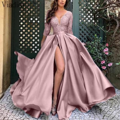 Sexy Bronzing Fabric Deep V Neck Sparkling Maxi Party Dress Women Solid Color High Waist Satin High Slit Dress Large Size 5XL
