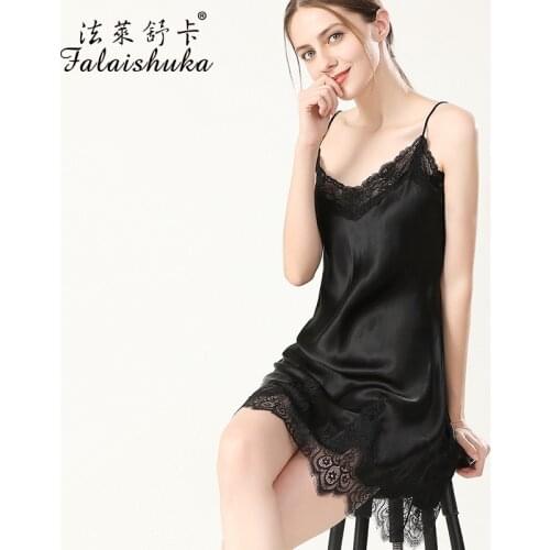 16 momme sexy lace 100% natural silk women nightgown Spaghetti straps genuine silk V-neck night dress women sleepwear D3661
