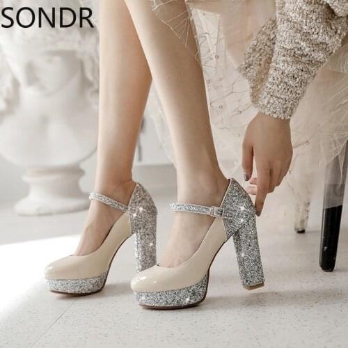Womens Round Toe Platform Sequins Bling Patent Block High Heel Pumps Shoes Match Colors Plus Size New 2021