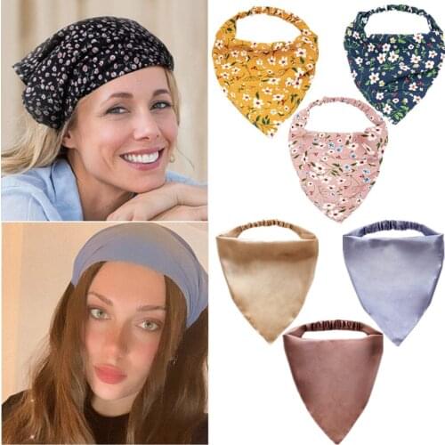 19 Colors Women Elastic Floral Hair Scarf Headband Triangle Head Kerchief Satin Cotton Blend Fabric Hair Bandanas Accessories
