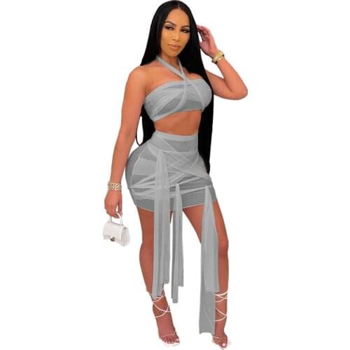 Women’s Sexy Tube Tops and Skirt Suit Fashion Solid Color Halter Tops and Bandage Tight Short Skirt