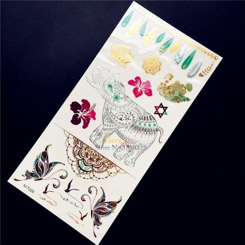 1PC Gold Metallic Henna Tattoo Elephant Feather Butterfly Design Temporary Tattoo Sticker Waterproof Flower Arm Tatoo Ganesha