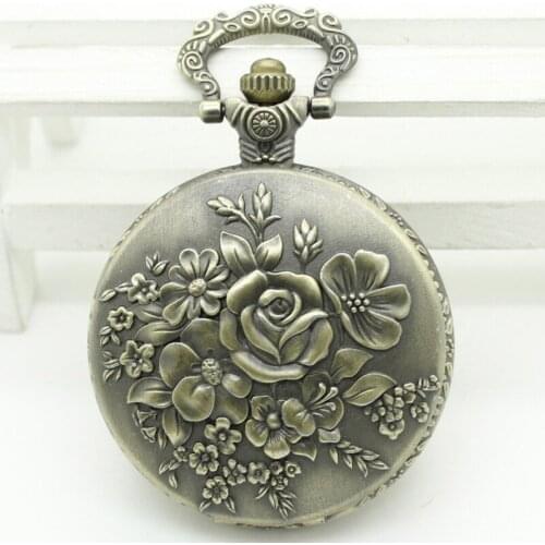 10pcs in Classically Charm engrave embossment rose flower white dail Quartz pocket watch necklace watch party gift