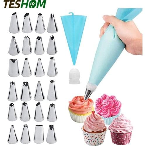 26Pcs/Set Silicone Pastry Bag Tips Kitchen DIY Cake Icing Piping Cream Cake Decorating Tools Reusable Pastry Bags+24 Nozzle Set