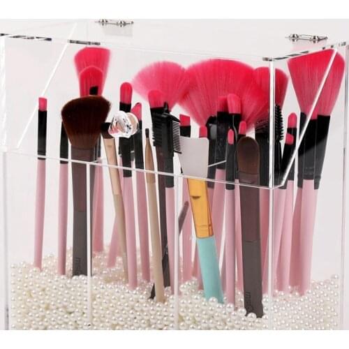 Acrylic Cosmetic Brush Holder with Dust Cover, Transparent Cosmetic Brush Storage Box, with Pearls