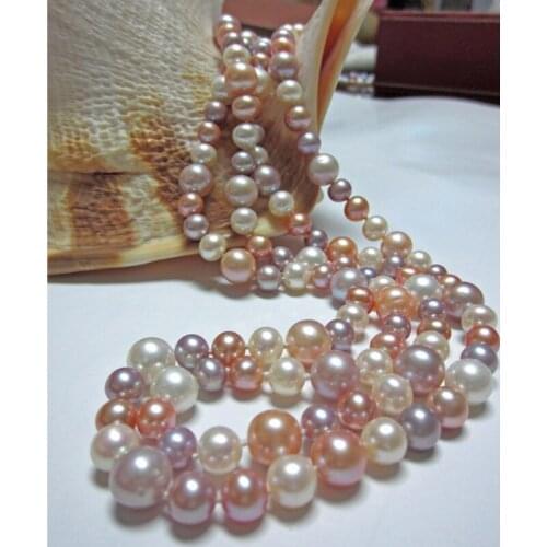 Natural pearl mixed color sweater chain 9-10mm size of pearls round bright light necklace 925 silver clasp 50INCH