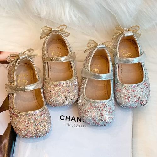 Kids Leather Shoes for Girls Flower Casual Children Glitter Girls Shoes Soft Sole Butterfly Knot Silver Pink Gold