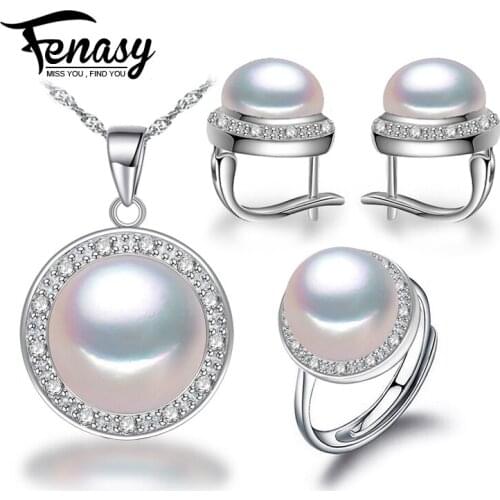 FENASY 925 Sterling Silver Jewelry Sets Round Shape Pendant Necklaces For Women Classic Stud Earrings Ring Set Fine Jewerly