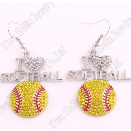 HOT SELLING rhodium plated earring with sparkling crystals I LOVE SOFTBALL pendant