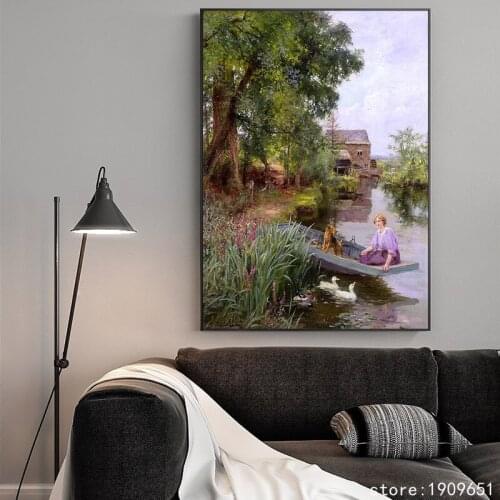 Cotton no frame classical girl duck river tree landscape canvas printings oil painting printed on cotton art decoration pictures