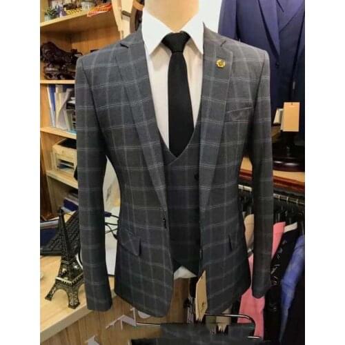 Classic Grey Plaid Business Men Suit 3 Pieces Tuxedo Groom Best Man Prom Wedding Suit Set Stage Singer Dress Blazer Vest Pants