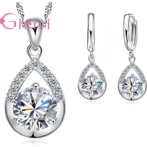 925 Sterling Silver Bridal Jewelry Set Necklace Earrings Women Engagement Romantic Style Water Drop Austrian Crystal