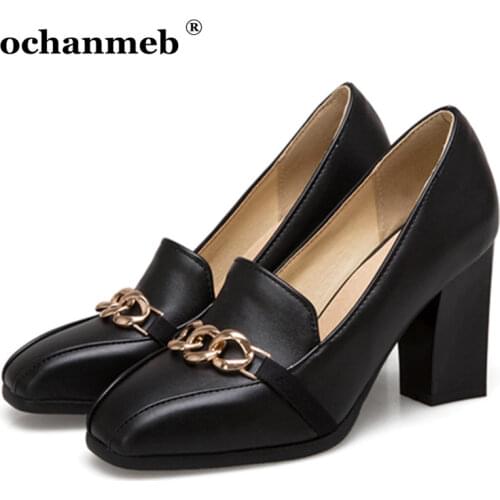Biggest Size 50 Lady Thick High Heels Shoes Women Golden Metal Chain Black White Pumps Shoes Lady Autumn Winter Shallow Shoes 33