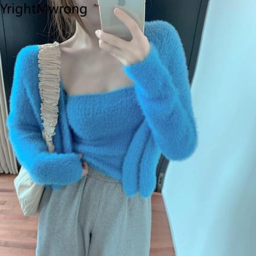 Soft Furry Mohair Knit Two Piece Short Sweater with Chest Tube Women Sexy Crop Top Fall Solid Pink Fashion Coat Cardigan Suit