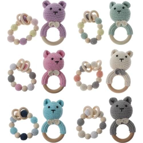 OOTDTY 2Pcs Animal Crochet Wooden Ring Rattle Wooden Teether For Baby Products DIY Crafts Teething Rattle Toys