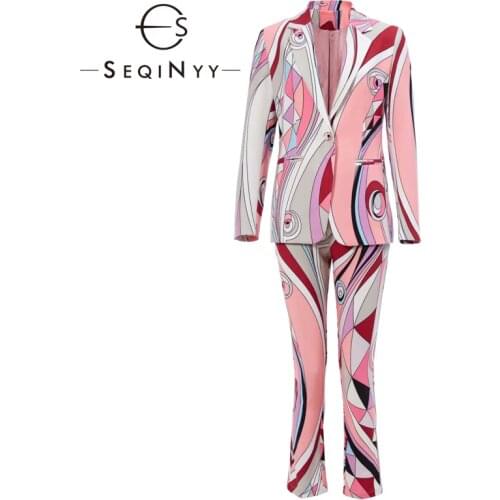 SEQINYY Boho Suit 2020 Autumn Spring New Fashion Design Women Runway Blazer + Midi Pants Pink Print Set High Quality