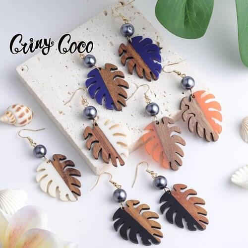 Cring Coco Wood Leaf Earrings for Women Bicolor Colourful Pearl Drop Earring Hawaiian Dangle Ear Ring Jewelry Girls for Party