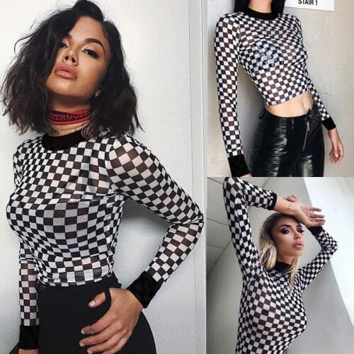 Women Hollow out slim top female t-shirt long sleeve tee shirts sexy black white plaid checkerboard t-shirts