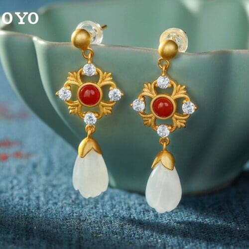 S925 sterling silver inlaid with South Red and Tianyu earrings gold-plated personality female earrings free shipping