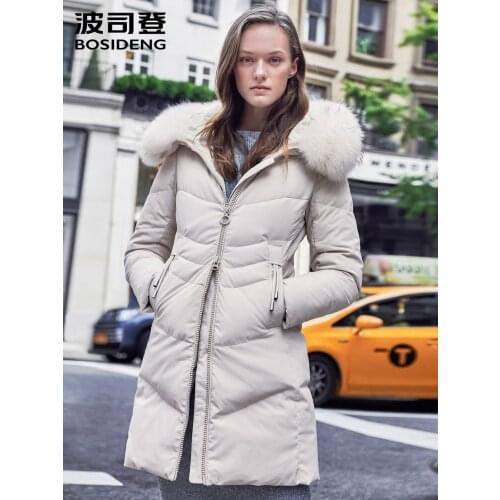 BOSIDENG medium long detachable raccoon fur collar womens down jacket large wool collar slim winter female warm coatB90141046VJ