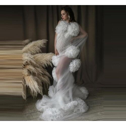 2021 Unique Flower Long Women Dresses To Photo-shoot See Thru Robe Femme Summer Tulle Robes Custom Made Any Color