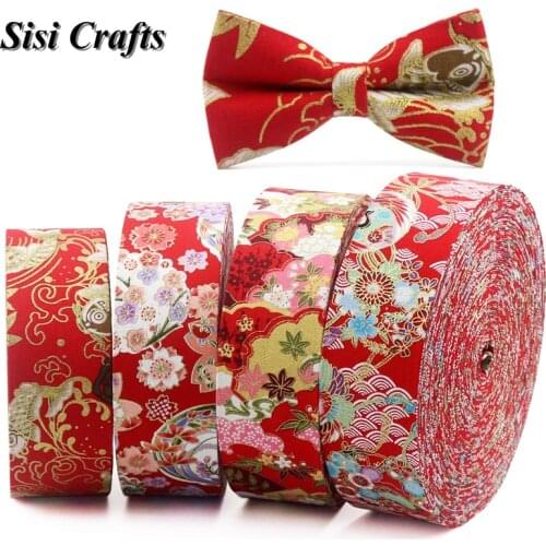 Sisi 10 25 50mm Japanese Kimono Style Red Floral Grosgrain Ribbon Print Fabric Cotton Bias DIY Hair Bow Collar Handmade Trim