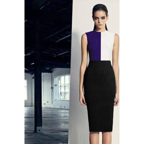 Colorblock Sleeveless Round Neck Bandage Summer New Womens Knee Length Bodycon Dress