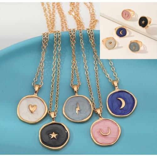 1 PC Metal Enamel Heart Moon Necklace For Women Gift Jewelry Fashion Irregular Round Lightning Geometric Necklace Clavicle Chain
