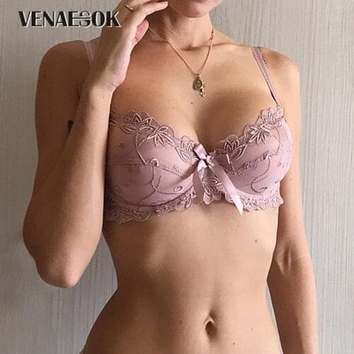 New Hollow Sexy Bra Pink Ultrathin Underwear Plus Size C D Cup Women Transparent Bras Lace Lingerie Blue Brassiere Embroidery